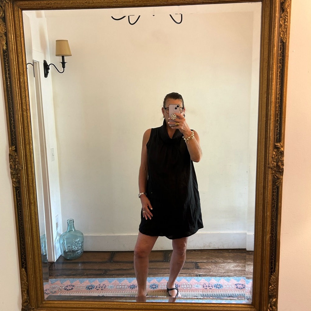 NWT Crosstree Lane 100% Linen Black Wrap Style Above Knee Dress Sz L Classic Lux